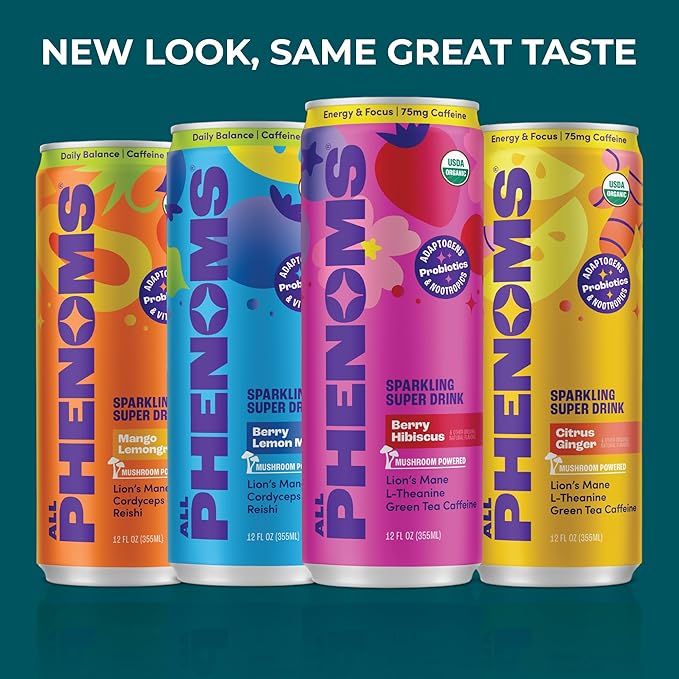 All Phenoms Daily+ Sparkling Organic Prebiotic &amp Probiotic Drink - Adaptogen Mushroom Blend (475mg of Lions Mane Reishi &amp Cordyceps) Vitamin C D3 Zinc - Berry Mint 12 Pack