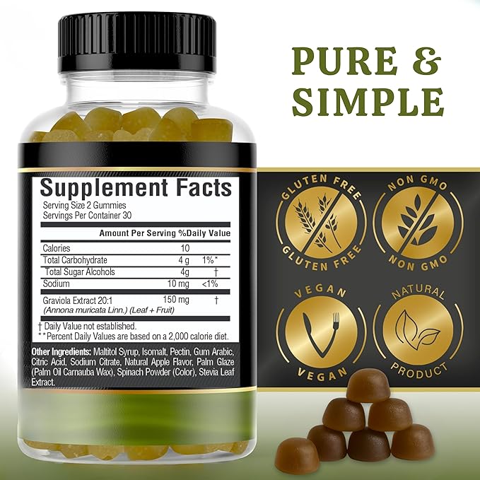 Soursop Leaves &amp Soursop Fruit Gummies - Sugar Free Soursop Graviola Gummies - 3000mg Soursop Extract - 3 Pack Graviola Supplement - Soursop Fruit and Leaf - 60ct - Non-GMO – Vegan Friendly