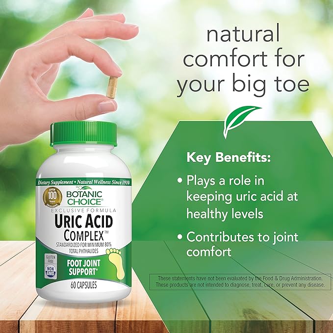Botanic Choice Uric Acid Complex Supplement - Foot Joint Support-Help Soothe Discomfort with Celery Seed &amp Bromelain -Gluten Free Non-GMO 60 Caps
