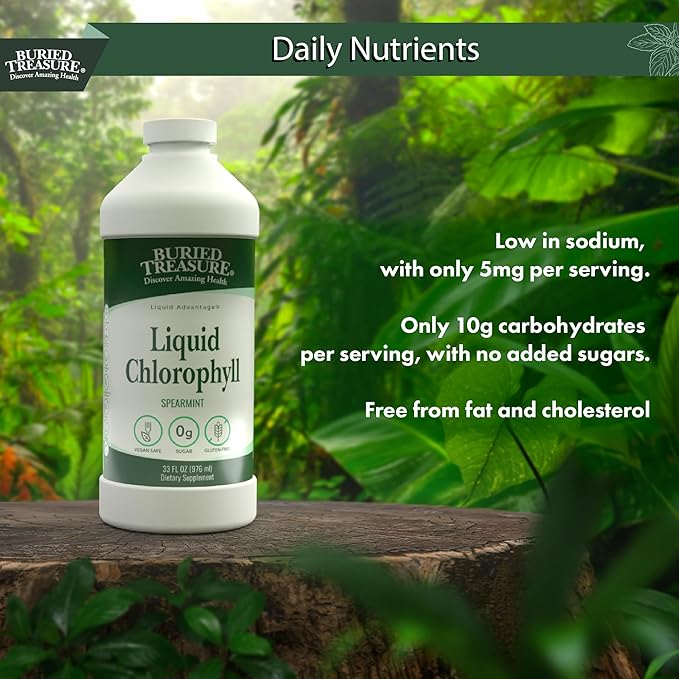 Buried Treasure Liquid Chlorophyll 100 mg Dietary Supplement Intestinal Digestive Support Natural Body Deodorant Vegan Non-GMO Alcohol Free Spearmint Flavor 32oz
