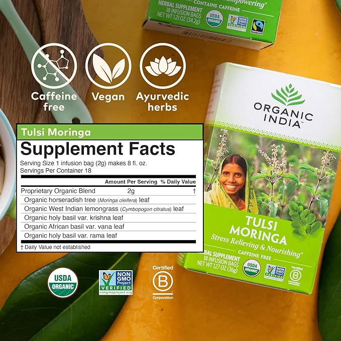 ORGANIC INDIA Tulsi Moringa Tea Bags- Holy Basil Lemongrass Moringa Leaves Calming Immune Support Tea USDA Organic Caffeine Free- 18 Bags 3 Pack