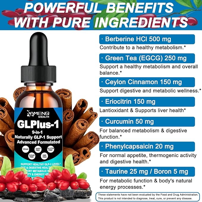 Berberine Supplement Liquid Drops Berberine with Ceylon Cinnamon Green Tea Eriocitrin Curcumin &amp Aloe Vera for Metabolism Digestion &amp GLP-1 Support Fast Acting Glp Oral Solution Liquid For W