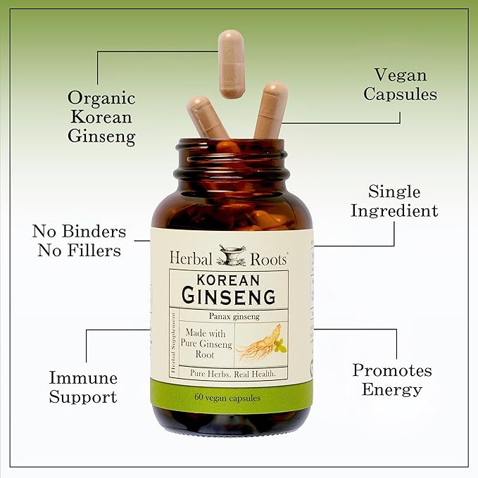 Herbal Roots Panax Ginseng | Organic Korean Ginseng Root Powder | 1000mg | High Ginsenosides for Energy &amp Performance | 60 Vegan Capsules