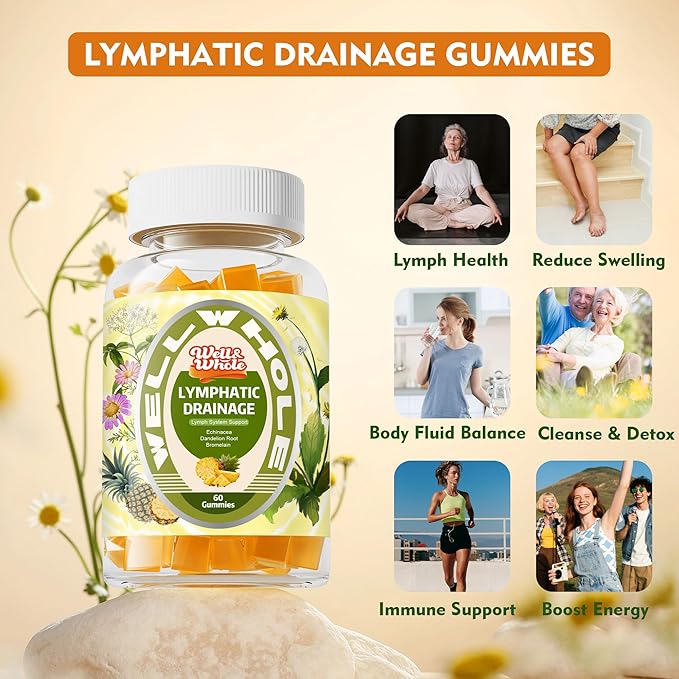 Well&ampWhole Lymphatic Drainage Gummies Lymphatic Drainage Supplements with Echinacea Dandelion Burdock Lymph System Support Lymph Detox Cleanse &amp Immune Support Pineapple Vagan 60 Gummi
