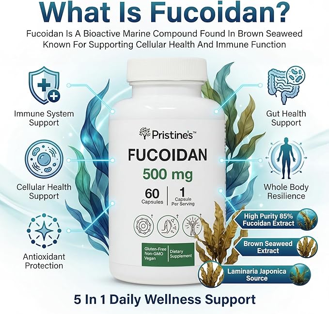 PRISTINE'S Fucoidan 500MG Immunity Supplement Capsules - 60 Day Supply - Brown Seaweed Extract - Potent Herbal Antioxidant Lung Health &amp Skin Health Support