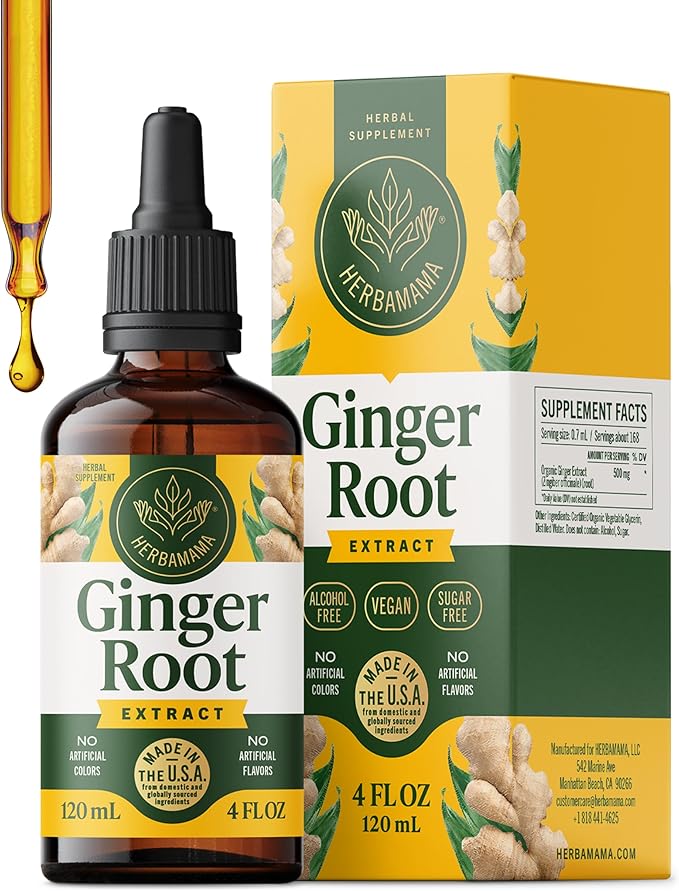 HERBAMAMA Ginger Drops - Vegan Digestive Support &amp Overall Well-Being with Ginger Root Extract Tincture - Non-GMO Alcohol &amp Sugar-Free Liquid Antioxidant Supplement 56-Day Supply