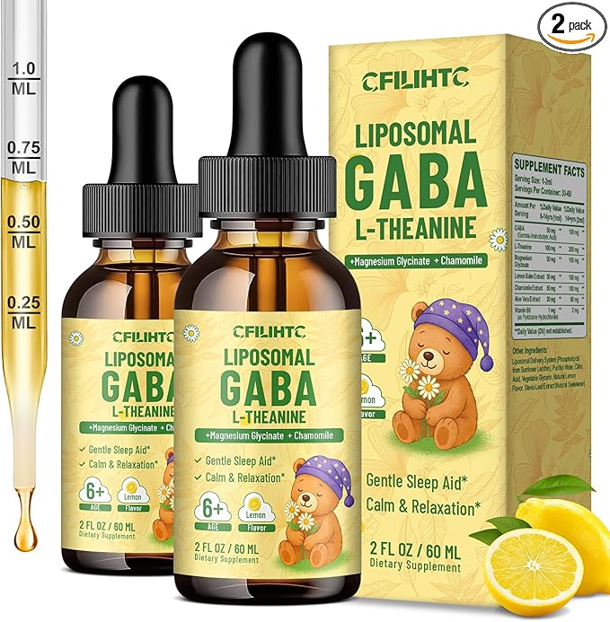 2 Pack Liposomal GABA L-Theanine Drops for Kids - Liquid GABA Supplement with Magnesium Chamomile Lemon Balm &amp Vitamin B6 - Support Relaxation Focus &amp Stress Relief for Kids &amp Adults -