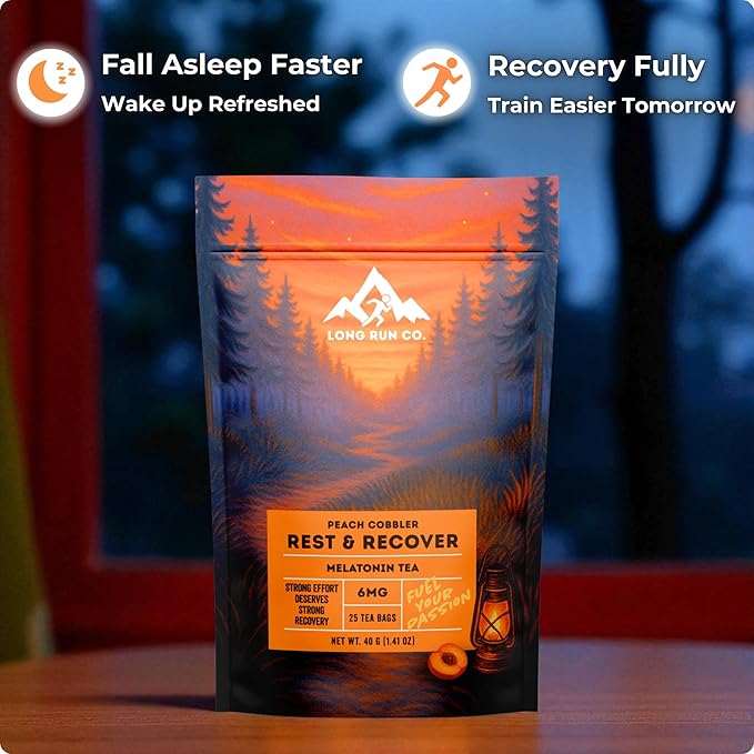 Rest &amp  Recover Sleep Tea by Long Run Co. – Caffeine‑Free Herbal Tea with Melatonin (25 Tea Bags) – All Natural Better Sleep &amp Recovery Wake Up Refreshed [6mg Melatonin Peach Cobbler]