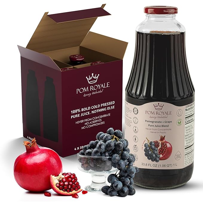 Pure Pomegranate &amp Grape Juice 33.8oz Glass Bottle (Pack of 4) Cold Pressed Juice Not from Concentrate Non-GMO No Sugar Added Gluten Free Preservative Free