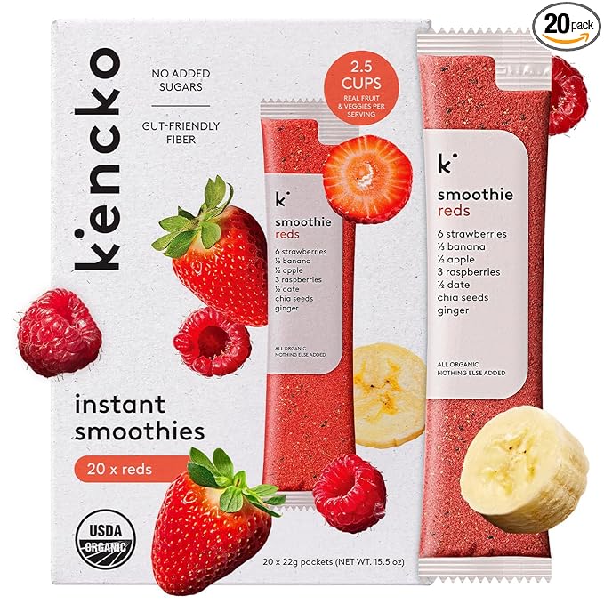 kencko Reds Smoothie Mix Packets - 20 Instant Breakfast Smoothies Made of Nature’s Original Superfoods - Strawberry Banana Raspberry Ginger &amp More - Organic Fruit &amp Veggie Healthy Smoothies