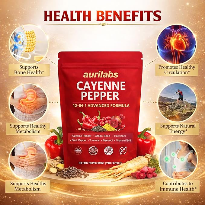 Aurilabs Cayenne Pepper softgels - Vitamin D3+K2 Complex Circulation Support Formula with Capsaicin &amp Botanicals Vegetarian Non-GMO Softgels for Daily Wellness (2)