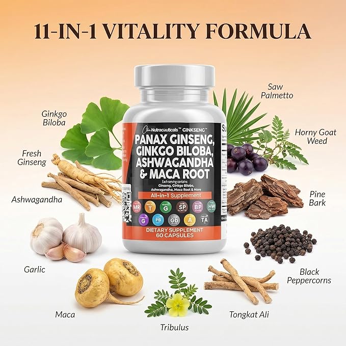 Clean Nutraceuticals Panax Ginseng Ginkgo Biloba Ashwagandha Maca Root - Focus Supplement Pills for Women and Men with Pine Bark Extract Garlic and Saw Palmetto - 60 Caps