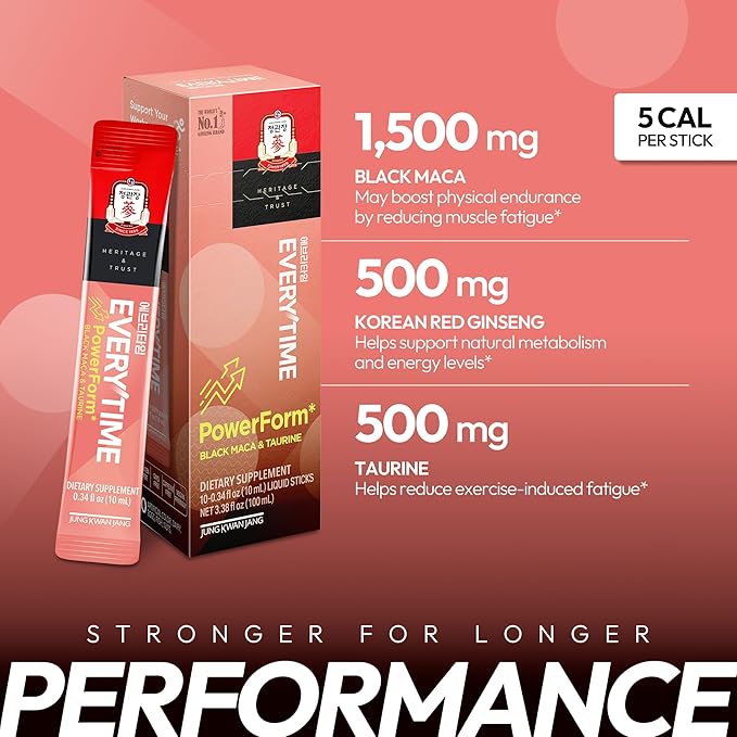 JUNG KWAN JANG US Everytime PowerForm - Intra Workout Herbal Energy Drink Packets with Korean Red Ginseng Black Maca Root &amp Taurine - Non GMO (0.33 fl oz 10 Sticks)
