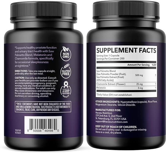 Saw Palmetto PM for Men with Melatonin 3mg - Night Time Prostate Health Supplement for Bladder and Sleep Support - Reduce Urinary Frequency - 200 Count - Vegan Non-GMO Capsules - Over 6 Month Supply