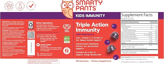 SmartyPants Kids Immunity Elderberry Gummies: Kids Immune Support Supplement Vitamin C Vitamin D Vitamins B6 &amp B12 and Zinc Gluten Free Elderberry Flavor 60 Count (30 Day Supply) (Pack of 2)