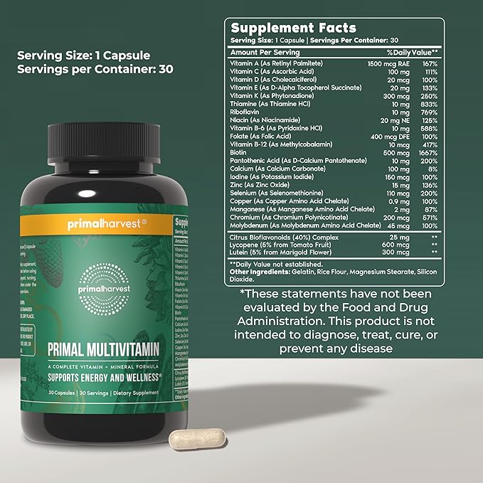 Primal Harvest Multivitamin &amp Collagen Supplements for Women and Men Multi Vitamin Capsules and Collagen Peptides Pills Bundle
