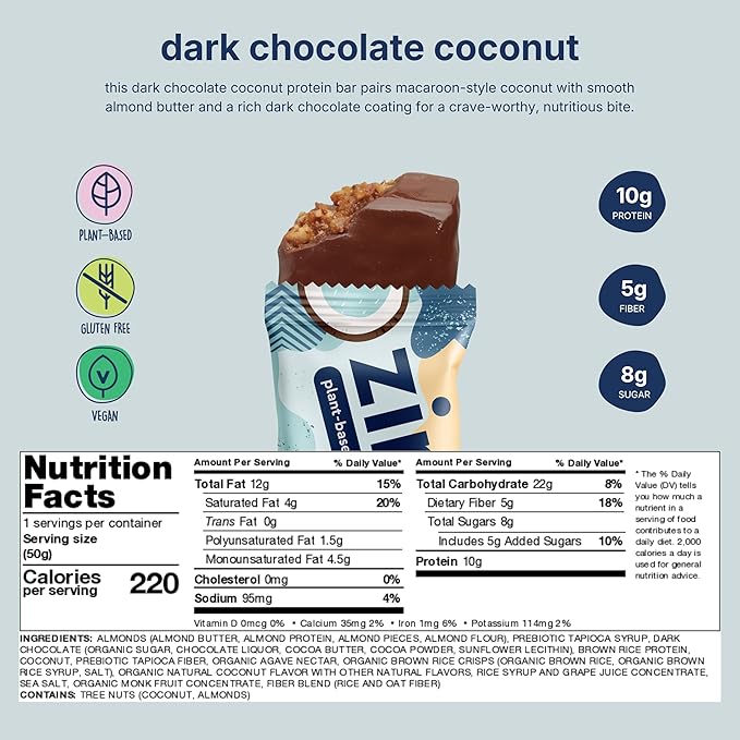 Zing Dark Chocolate Coconut Vegan Protein Bars Gluten Free with High Protein High Fiber Dairy Free Nutrition Bars Plant Based Protein Kosher Low Sugar No Sugar Alcohols - 12 count