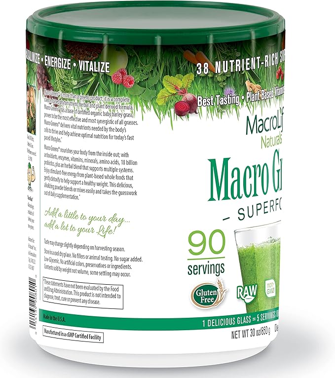 MacroLife Macro Greens Powder 38 Superfood Probiotics Antioxidants Digestive Enzymes &amp Adaptogen Supplement - Daily Super Green Juice &amp Smoothie Mix - Non-GMO Vegan Gluten-Free - 30 oz (90 Ser