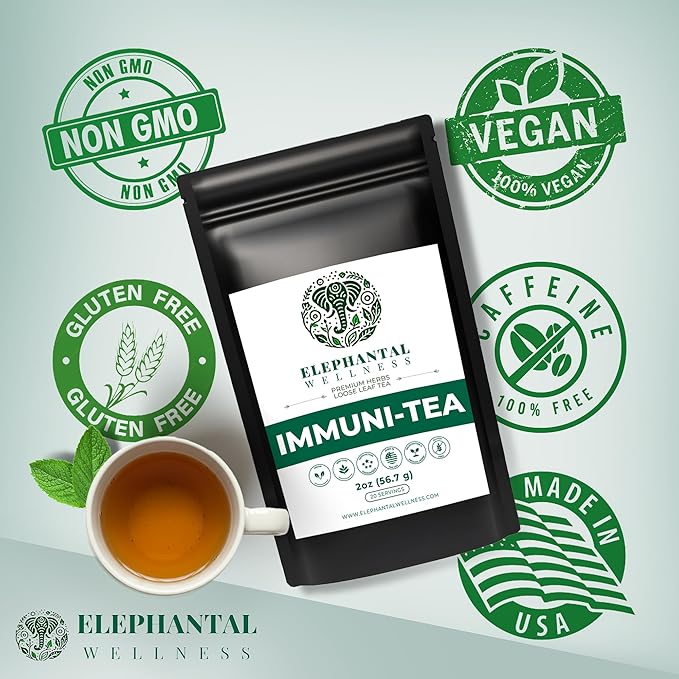 Elephantal Wellness Premium Immuni-Tea | Immune System &amp Respiratory Support with Reishi Clove Echinacea &amp Elderberry | Handmade Caffeine-Free Non-GMO Loose Leaf Blend 2oz 20 Servings