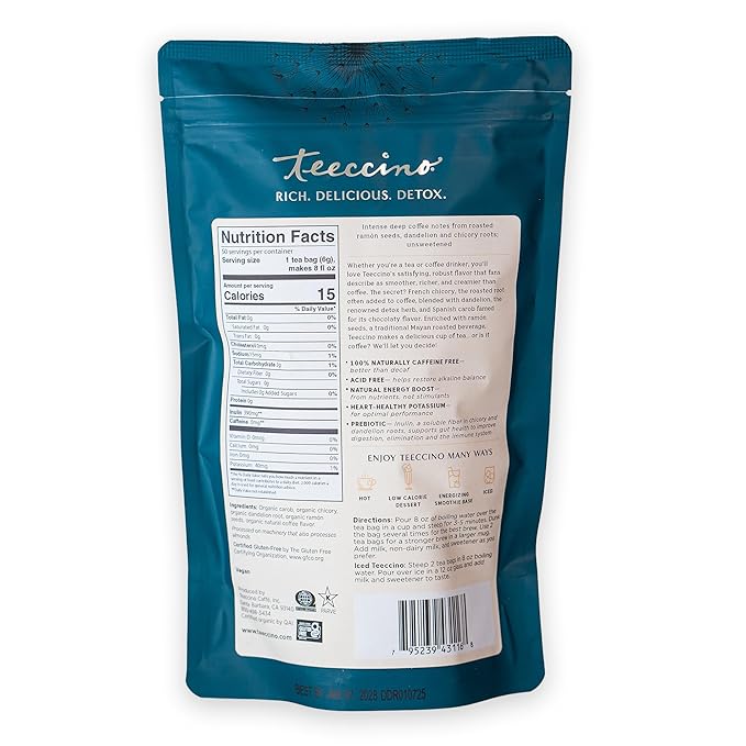 Teeccino Dandelion Herbal Tea 50 Tagless Eco-Friendly Tea Bags - Dark Roast - Caffeine Free Prebiotic Gluten Free 3x More Herbs