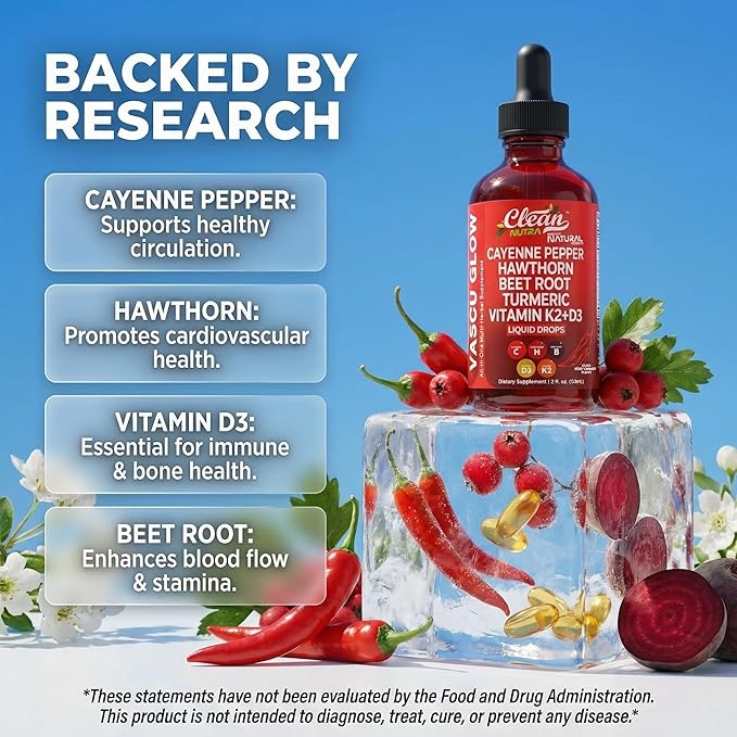 Clean Nutra Cayenne Pepper Drops Supplement Liquid + Hawthorn Berry Vitamin D3 K2 Beet Root Powder Ceylon Cinnamon Turmeric Curcumin Organic Panax Ginseng Berberine Extract 1 Pack