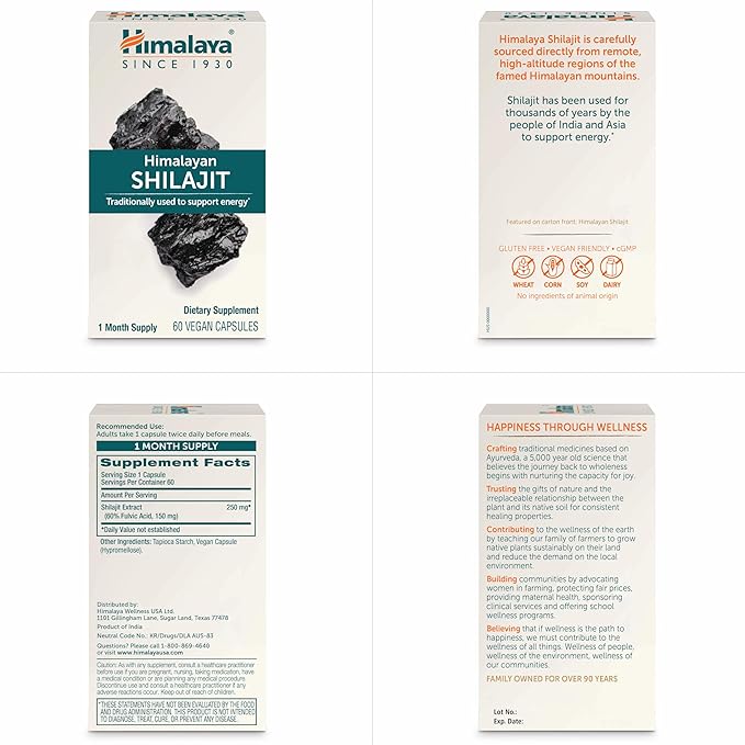 Himalaya Shilajit - Herbal Energy Supplements with Fulvic Acid and 85+ Trace Minerals from Shilajit Resin Vegan Non-GMO Gluten Free 250 mg 60 Capsules