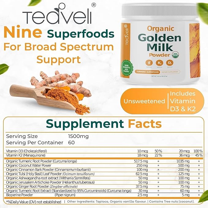 Organic Golden Milk Powder with Vitamins D3 &amp K2 Turmeric Ginger Curcumin Cinnamon KSM66 Ashwagandha Holy Basil &amp Natural Prebiotics– Delicious Unsweetened Turmeric Tea Latte- 30 Serving