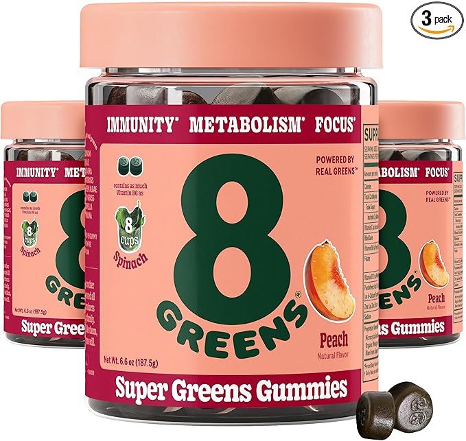 8Greens Supergreens Gummies | Super Greens Powder Superfood Gummy for Metabolism Immunity &amp Focus Digestive Health Enzymes Organic: Chlorella Spirulina Aloe Vera Peach Flavor 150 Count