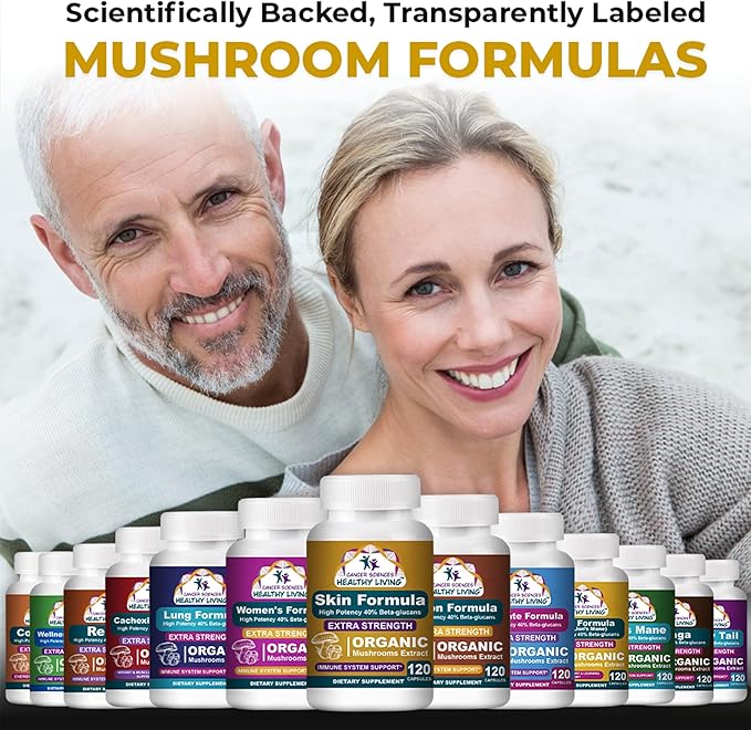 Cancer Sciences Skin Wellness Supplement USDA Certified Organic Extract Mushrooms Supplement Extra Strength 1500 mg High Potency 40% Beta-Glucans Immune Support Glowing Complexion 120 Capsules