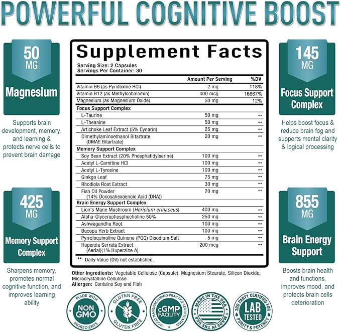 Purely Optimal Brain Booster Nootropic Supplement – Brain Support for Memory Focus Clarity Jitter-Free Energy for Adults Seniors– with Ginkgo Biloba Alpha GPC Lion’s Mane – 60 Capsules