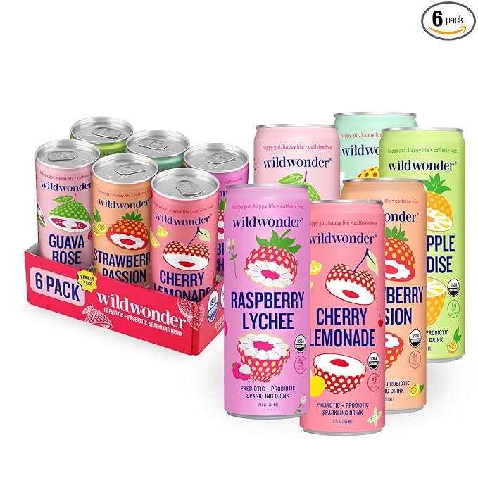 wildwonder Sparkling Probiotic Drink 6pk For Gut Health &amp Immune Support Classic Variety Pack 5g Prebiotic Fiber Live Probiotics Organic Vegan Low Sugar 6 Pack 12oz Can Seen on Shark Tan