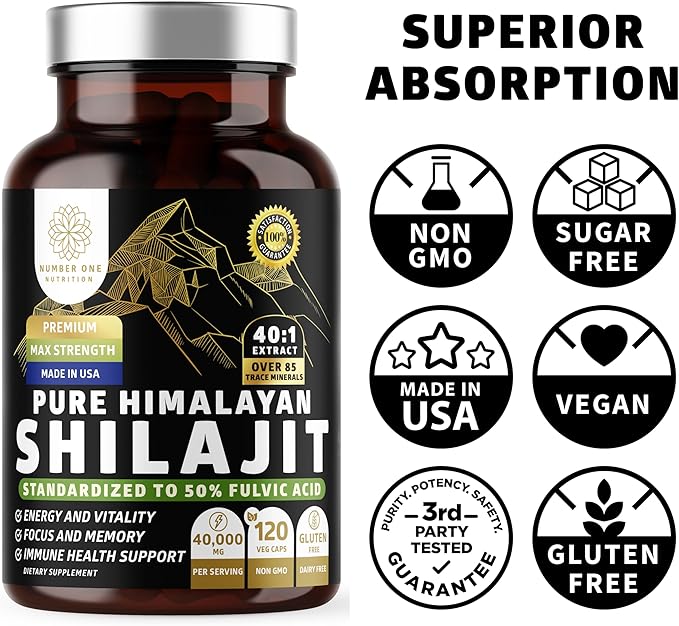 Pure Himalayan Shilajit Supplement for Men and Women [40000MG Max Strength] Contains 50% Fulvic Acid with Over 85 Trace Minerals to Support Energy Brain and Immunity 120 Veg Caps