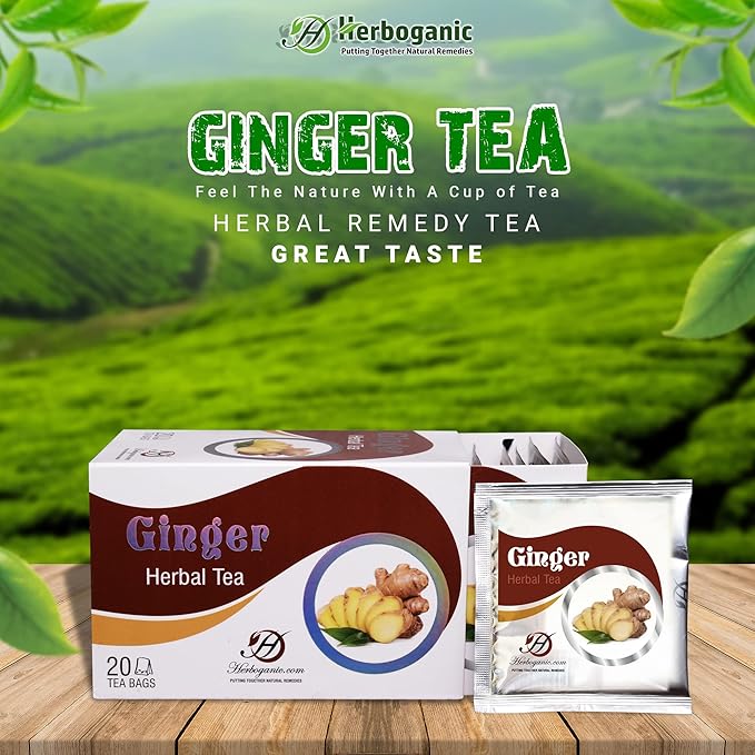 HERBOGANIC Ginger Herbal Tea - Relaxation and Delicate Aroma | Soothing and Refreshing Blend | Natural Ingredients | 60 Tea Bags