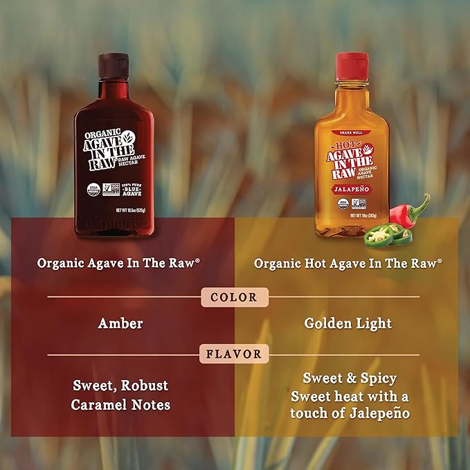 In the Raw Organic Blue Agave Syrup Bundle – Raw Agave Nectar (18.5 OZ) Sugar Substitute + Hot Sweetener (10 OZ) Hot Honey Alternative