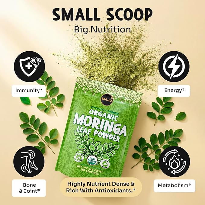 MAJU's Organic Moringa Powder (1 Pound) Oleifera Leaf Extra-Fine Quality Dried Drumstick Tree Leaves For Tea Smoothies Food-Grade