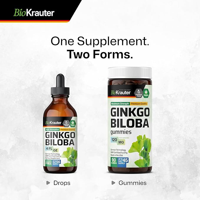 BIO KRAUTER® Ginkgo Biloba for Brain Support - Pure Vegan Ginkgo Biloba Supplement 670 mg - Supports Calm Focus &amp Memory - Alcohol &amp Sugar Free 4 Fl.Oz 56-Day Supply Liquid Drops for Brain