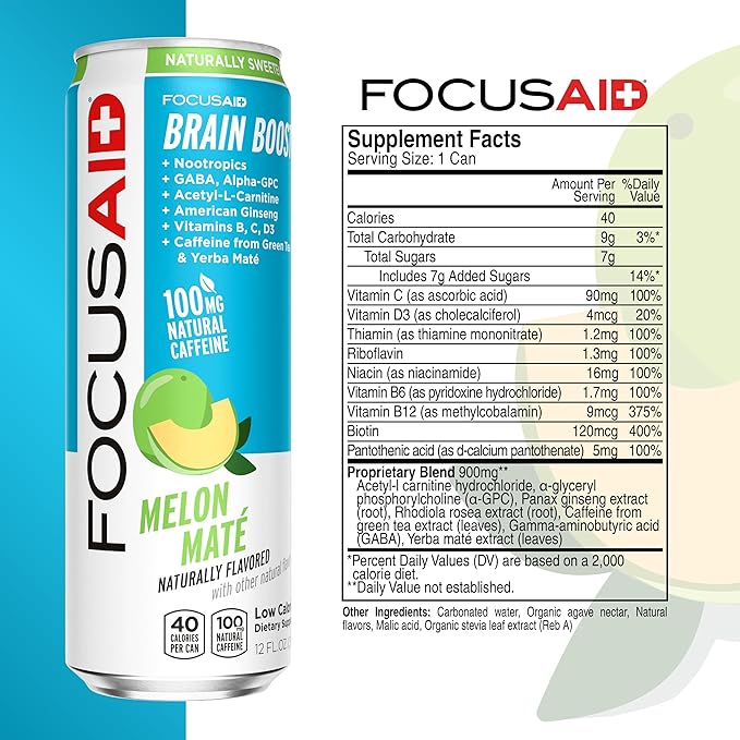FOCUSAID Energy Blend Brain Boosting Nootropics Drink Alpha-GPC GABA B-Complex Yerba Mate Green Tea 100% Clean 100mg Natural Caffeine 12-oz. can 12 Pack