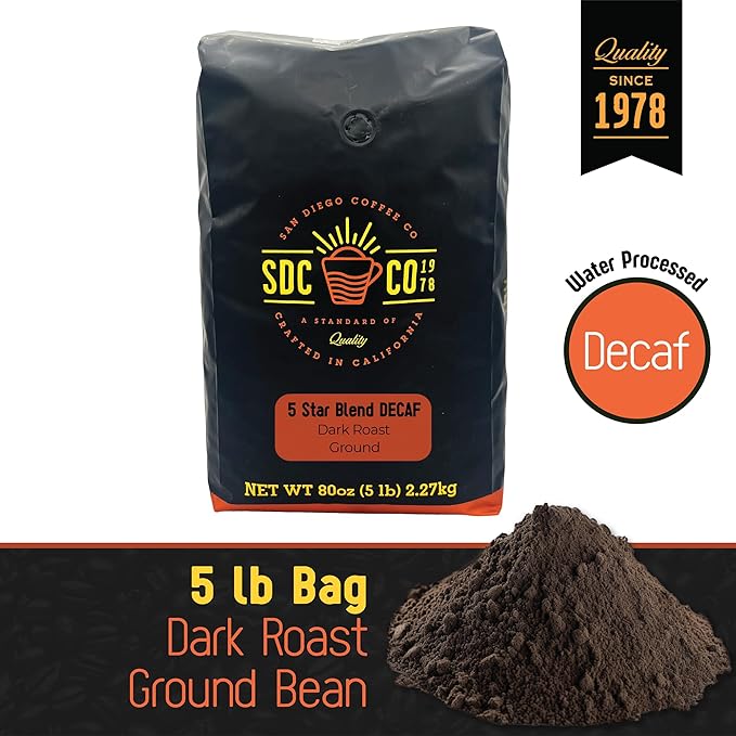 San Diego Coffee 5 Star Blend DECAF Dark Roast Ground Coffee 5-Pound Bag Café descafeinado molido tostado