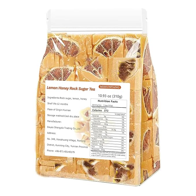 Rock Sugar Lemon Tea Lemon Honey Rock Candy 10.93oz /310g Yellow Lump Rock Sugar with Lemon Sugar Cubes Lemon Honey Candy Caffeine Free Individual Package