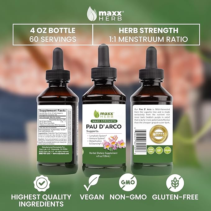 Maxx Herb PAU D'Arco Tincture - Max Strength PAU D Arco Extract for Immune Support Taheebo Tea Inner Bark Absorbs Better Than PAU Darco Capsules – 4 Oz Bottle (60 Servings)