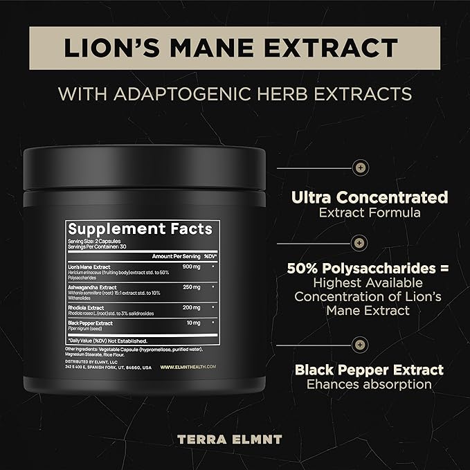 20000mg 16x Strength Lions Mane Supplement Capsules Super Nootropic w. Ashwagandha &amp Rhodiola - Highest Potency Lion's Mane Mushroom Extract 50% Polysaccharides Brain Supplements for Memory and F
