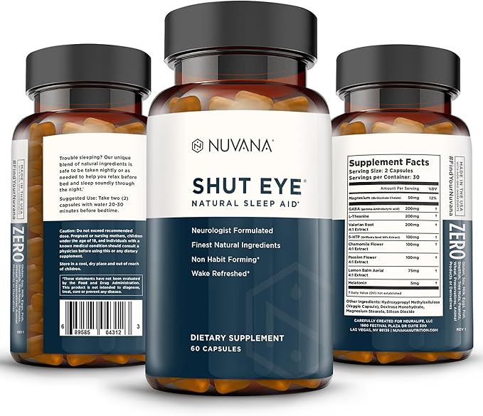 Shut Eye Natural Sleep Aid Supplement for Adults | 5mg Melatonin | Helps Relax and Promote Natural Deep Sleep with Valerian Root Chamomile &amp Magnesium | Vegan &amp Non-GMO | 60 Capsules