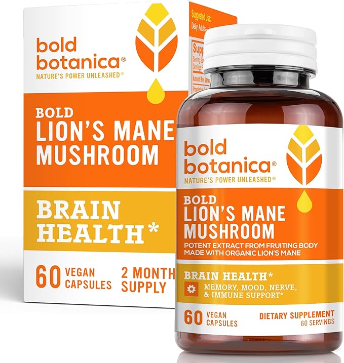 Bold Botanica Organic Lions Mane Supplement Capsules - 100% Fruiting Body Dual Extract - 115mg Beta-Glucans - Lion’s Mane Mushroom Extract for Brain Memory &amp Mood Immune Support - 60 Vegan Capsu