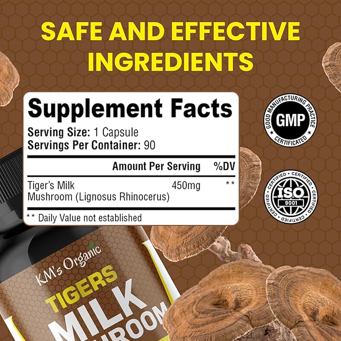 KM's Organic Tiger’s Milk Mushroom Supplement 10:1 Extract (Lignosus Rhinocerus) – Respiratory &amp Immune Support Gut Health – 450 mg 90 Vegan Capsules