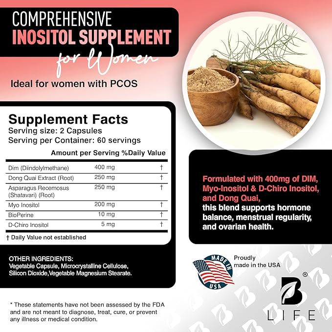 DIM Supplement 400 mg with Myo &amp D-Chiro Inositol Dong Quai – Hormone Balance for Women – Fertility Supplements – Inositol Supplement - 120 Caps
