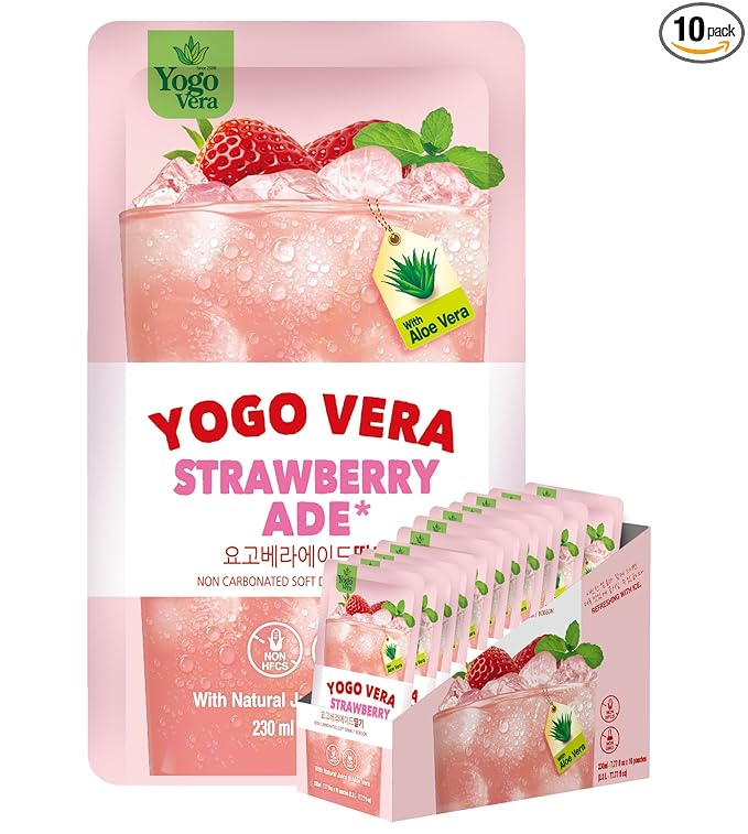 Yogo Vera Strawberry Ade Korean Drink Pouches – Authentic Korean Convenience Store Beverage with Sweet Strawberry Flavor Refreshing Juice Pouch (10 Pack)