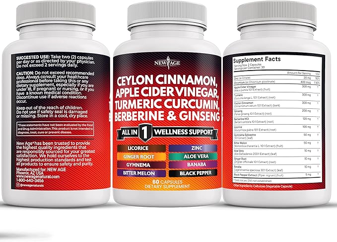 Ceylon Cinnamon Turmeric Apple Cider Vinegar Ginseng Aloe Vera Berberine Plus Banaba Ginger Root - 120 Count