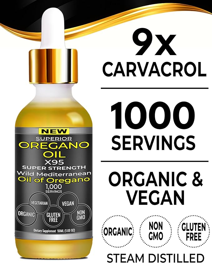 Organic Oregano Oil Drops - 1000 Servings 12 Month Supply Wild Oil of Oregano 9X Carvacrol Immune &amp Digestive Support Non-GMO Food Grade Herbal Supplement Alternative to oil of Oregano Tinc
