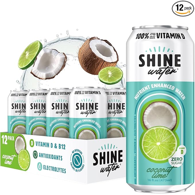 Shine Water Coconut Lime Vitamin D Electrolyte Drinks 12-Pack Sugar Free Flavored Water with Magnesium Zinc &amp Antioxidants Low Calorie Hydration Beverage Plant-Based Vitamin Water Zero Sugar