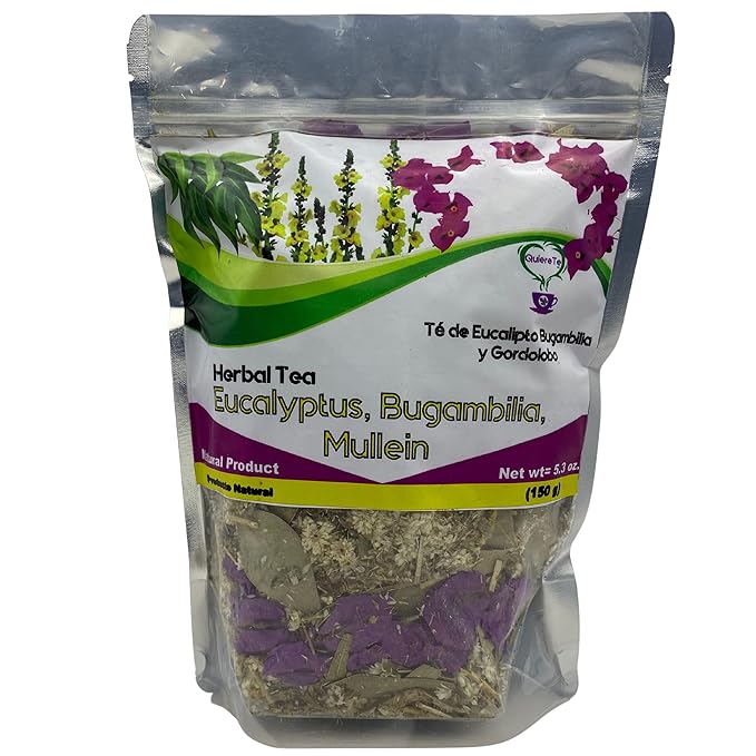 Eucalyptus Bugambilia Mullein Quiere Te Herbal Mix 5.3 oz (150 grams) 1 Pack Up to 100 Cups Resealable bag Eucalipto Bougainvilliea Dried Whole Leaves Product From Mexico 100% Natural